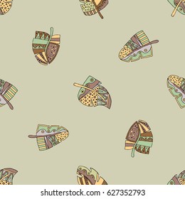Vector hand drawn seamless pattern, decorative stylized childish feather in the shape of tree. Doodle style, tribal graphic illustration. Ornamental cute hand drawing Series of doodle patterns