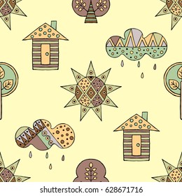 Vector hand drawn seamless pattern, decorative stylized childish house, tree, sun, cloud, rain Doodle style, graphic illustration Childlike cute cartoon, hand drawing in vintage brown colors.