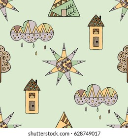 Vector hand drawn seamless pattern, decorative stylized childish house, tree, sun, cloud, rain Doodle style, graphic illustration Childlike cute cartoon, hand drawing in vintage brown colors.
