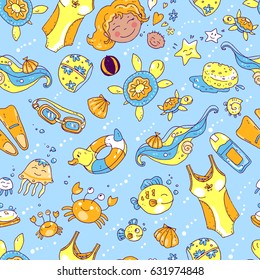 Vector hand drawn seamless pattern. Mom and baby. Swimming for pregnant women. Cute cartoon style. Color illustration.