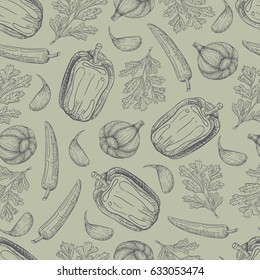 Vector hand drawn seamless pattern with different vegetables