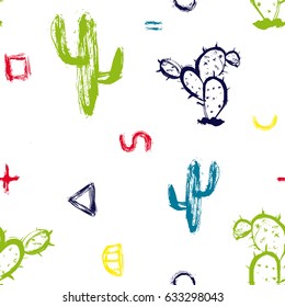 Vector hand drawn seamless pattern with cacti and geometric shapes in memphis style. Background for printing brochure, poster, textile design, wear. Modern trendy graphic print for hipsters.