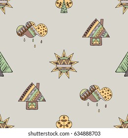 Vector hand drawn seamless pattern, decorative stylized childish house, tree, sun, cloud, rain Doodle style, graphic illustration Childlike cute cartoon, hand drawing in vintage brown colors.