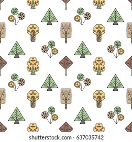 Vector hand drawn seamless pattern, decorative stylized childish trees. Doodle style, tribal graphic illustration. Ornamental cute hand drawing Series of doodle, cartoon, sketch seamless patterns