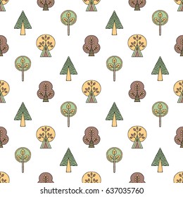 Vector hand drawn seamless pattern, decorative stylized childish trees. Doodle style, tribal graphic illustration. Ornamental cute hand drawing Series of doodle, cartoon, sketch seamless patterns