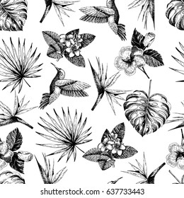 Vector hand drawn seamless pattern. tropical plants. Exotic engraved leaves and flowers. Monstera, livistona palm leaves, bird of paradise, plumeria, hibiscus, hummingbird.