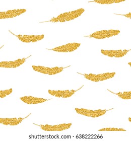 Vector hand drawn seamless pattern with gold glitter falling feathers on pink background.