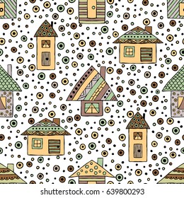 Vector hand drawn seamless pattern Decorative stylized childish houses Doodle style, graphic illustration Ornamental cute hand drawing in brown colors. Series of doodle, sketch illustrations
