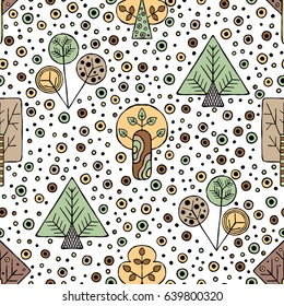 Vector hand drawn seamless pattern Decorative stylized childish trees Doodle style, tribal graphic illustration Ornamental cute hand drawing Series of doodle, cartoon sketch seamless patterns