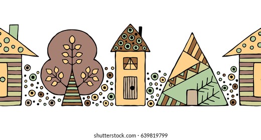 Vector hand drawn seamless pattern, border. Decorative stylized childish trees, house. Doodle style, tribal graphic illustration Ornamental cute hand drawing