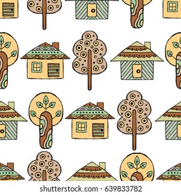Vector hand drawn seamless pattern Decorative stylized childish trees, house Doodle style, tribal graphic illustration Ornamental cute hand drawing Series of doodle, cartoon sketch seamless patterns