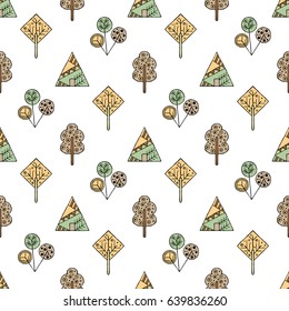 Vector hand drawn seamless pattern, decorative stylized childish trees. Doodle style, tribal graphic illustration. Ornamental cute hand drawing Series of doodle, cartoon, sketch seamless patterns