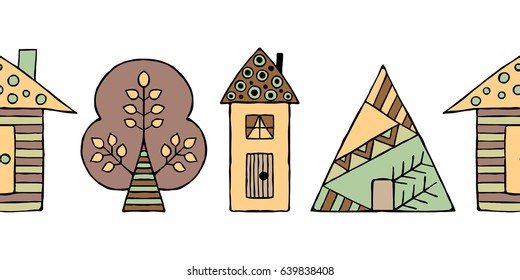 Vector hand drawn seamless pattern, border. Decorative stylized childish trees, house. Doodle style, tribal graphic illustration Ornamental cute hand drawing 
