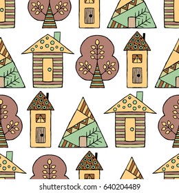 Vector hand drawn seamless pattern Decorative stylized childish trees, house Doodle style, tribal graphic illustration Ornamental cute hand drawing Series of doodle, cartoon sketch seamless patterns