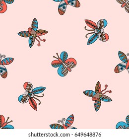 Vector hand drawn seamless pattern, decorative stylized childish butterflies. Doodle style, tribal graphic illustration Cute hand drawing in vintage colors. Series of doodle, cartoon, illustrations
