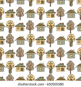 Vector hand drawn seamless pattern Decorative stylized childish trees, house Doodle style, tribal graphic illustration Ornamental cute hand drawing Series of doodle, cartoon sketch seamless patterns