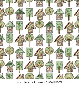 Vector hand drawn seamless pattern Decorative stylized childish trees, house Doodle style, tribal graphic illustration Ornamental cute hand drawing Series of doodle, cartoon sketch seamless patterns