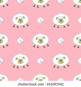 Vector hand drawn seamless pattern illustration of Cute cartoon sheep on pink sky with clouds background.Baby Coloring book page.Funny ewe for Children paint. pajamas,sleepwear,Diapers,napkin print