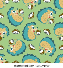 Vector hand drawn seamless pattern of Cute cartoon color hedgehog with mushroom on green background. Baby Coloring book page. Funny urchin for Children paint. pajamas,sleepwear,Diapers or napkin print
