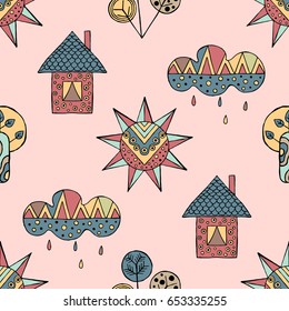 Vector hand drawn seamless pattern, decorative stylized childish house, tree, sun, cloud, rain Doodle style, graphic illustration Childlike cute cartoon, hand drawing