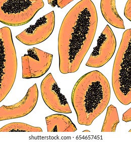 Vector hand drawn seamless pattern of isolated papaya. Engraved colored art. Delicious tropical vegetarian fruits. Use for restaurant, meal, market, store, menu, party decoration, smoothie bowls