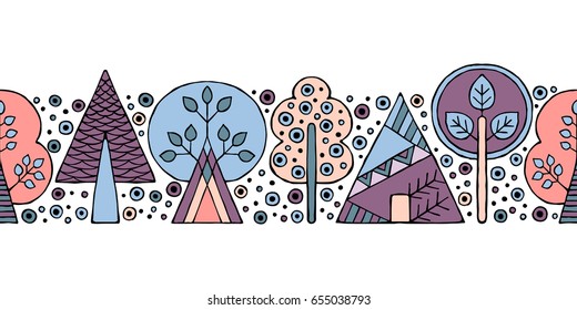Vector hand drawn seamless pattern, border. Decorative stylized childish trees Doodle style, tribal graphic illustration Ornamental cute hand drawing Series of doodle, cartoon sketch seamless patterns