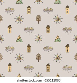 Vector hand drawn seamless pattern, decorative stylized childish house, tree, sun, cloud, rain Doodle style, graphic illustration Childlike cute cartoon, hand drawing in vintage brown colors.