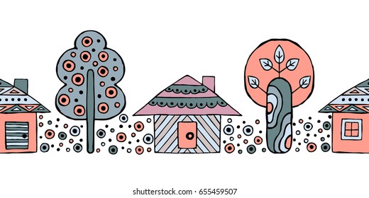 Vector hand drawn seamless pattern, border. Decorative stylized childish trees, house. Doodle style, tribal graphic illustration Ornamental cute hand drawing Series of doodle seamless patterns