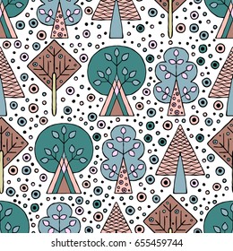 Vector hand drawn seamless pattern, decorative stylized childish trees. Doodle style, tribal graphic illustration. Ornamental cute hand drawing Series of doodle, cartoon, sketch seamless patterns
