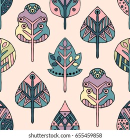 Vector hand drawn seamless pattern, decorative stylized childish trees. Doodle style, tribal graphic illustration. Ornamental cute hand drawing Series of doodle, cartoon, sketch seamless patterns