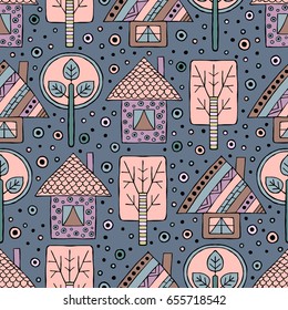 Vector hand drawn seamless pattern Decorative stylized childish trees, house Doodle style, tribal graphic illustration Ornamental cute hand drawing Series of doodle, cartoon sketch seamless patterns
