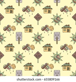 Vector hand drawn seamless pattern, decorative stylized childish house, tree, sun, cloud, rain Doodle style, graphic illustration Childlike cute cartoon, hand drawing in vintage brown colors.