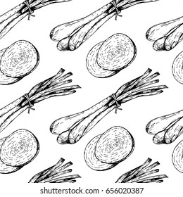 Vector hand drawn seamless pattern of sprouting onions and slices. Farm vegetables. Engraved art. Organic sketched objects. restaurant, menu, grocery, market store party meal