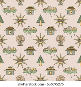 Vector hand drawn seamless pattern, decorative stylized childish house, tree, sun, cloud, rain Doodle style, graphic illustration Childlike cute cartoon, hand drawing in vintage brown colors.