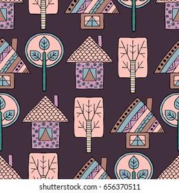 Vector hand drawn seamless pattern Decorative stylized childish trees, house Doodle style, tribal graphic illustration Ornamental cute hand drawing Series of doodle, cartoon sketch seamless patterns