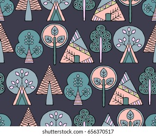 Vector hand drawn seamless pattern, decorative stylized childish trees. Doodle style, tribal graphic illustration. Ornamental cute hand drawing Series of doodle, cartoon, sketch seamless patterns