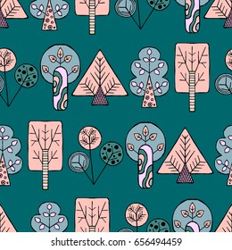 Vector hand drawn seamless pattern, decorative stylized childish trees. Doodle style, tribal graphic illustration. Ornamental cute hand drawing Series of doodle, cartoon, sketch seamless patterns
