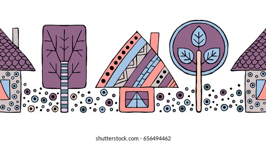 Vector hand drawn seamless pattern, border. Decorative stylized childish trees, house. Doodle style, tribal graphic illustration Ornamental cute hand drawing Series of doodle seamless patterns