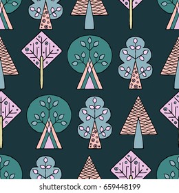 Vector hand drawn seamless pattern, decorative stylized childish trees. Doodle style, tribal graphic illustration. Ornamental cute hand drawing Series of doodle, cartoon, sketch seamless patterns