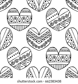 Vector hand drawn seamless pattern, decorative stylized black and white childish hearts. Doodle sketch style, graphic illustration, background. Ornamental cute hand drawing. Line drawing.