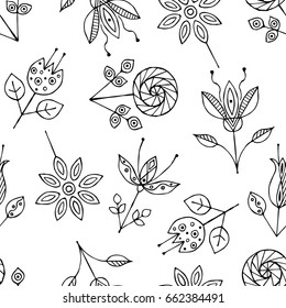 Vector hand drawn seamless pattern, decorative stylized black and white childish flowers. Doodle sketch style, graphic illustration, background. Ornamental cute hand drawing. Line drawing.