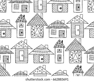 Vector hand drawn seamless pattern, decorative stylized black and white childish houses. Doodle sketch style, graphic illustration, background. Ornamental cute hand drawing. Line drawing.