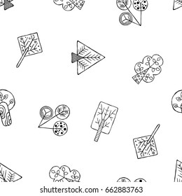 Vector hand drawn seamless pattern, decorative stylized black and white childish trees. Doodle sketch style, graphic illustration, background. Ornamental cute hand drawing. Line drawing.