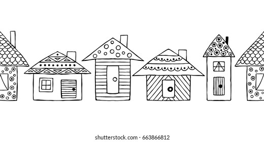 Vector hand drawn seamless pattern, decorative stylized black and white childish houses. Doodle sketch style, graphic illustration, background. Ornamental cute hand drawing. Line drawing.