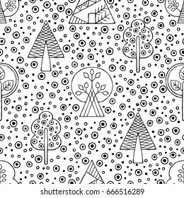 Vector hand drawn seamless pattern, decorative stylized black and white childish trees. Doodle sketch style, graphic illustration, background. Ornamental cute hand drawing. Line drawing.