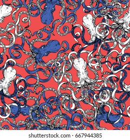 Vector Hand Drawn Seamless Pattern  with Octopus. Color Doodle Background. Sea Life Pattern.