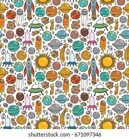 Vector hand drawn seamless pattern with doodle space elements.