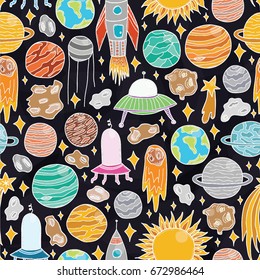 Vector hand drawn seamless pattern with doodle space elements.
