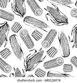 Vector hand drawn seamless pattern of corn cobs. Farm vegetables. Engraved art. Organic sketched objects. restaurant, menu, grocery, market store party meal