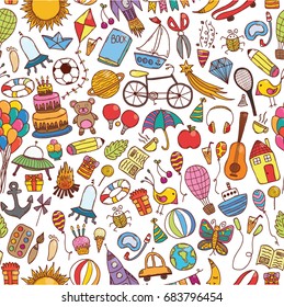 Vector hand drawn seamless pattern with doodle kids elements.